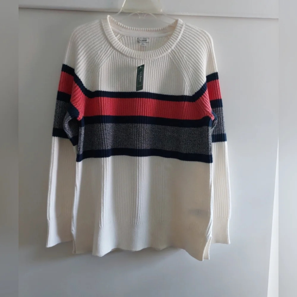 New L.L.Bean Coastal Cotton Knit Colorblock Striped Sweater Sailcloth Large